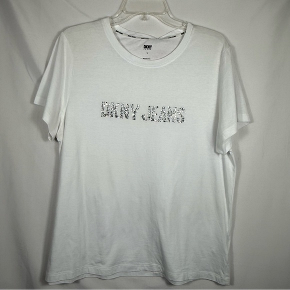 DKNY White Short Sleeve Shirt W/DKNY Logo In Silver Rhinestones, Size Large, NWT - Picture 6 of 16